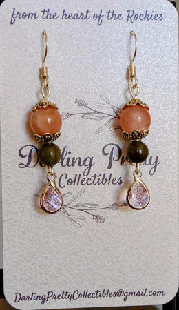 Artisan Earrings ~ Sunstone & Golden Obsidian / Pink Crystals / Sterling Ear Hooks
