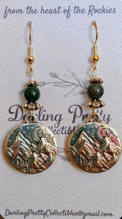 Artisan Earrings ~ Moon On Mountain Charms / Golden Obsidian / Sterling Silver Ear Hooks