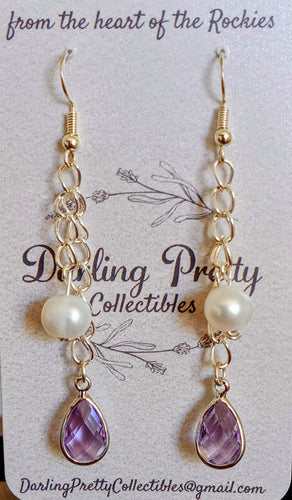 Artisan Earrings ~ Real Pearls / Purple Crystals / Sterling Silver Ear Hooks