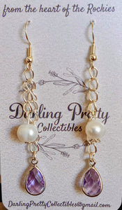 Artisan Earrings ~ Real Pearls / Purple Crystals / Sterling Silver Ear Hooks