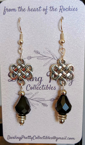 Artisan Earrings ~ Celtic Knots / Black Crystals / Sterling Silver Ear Hooks
