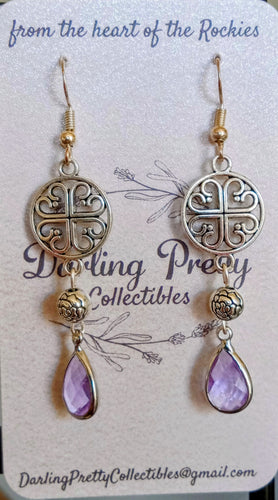 Artisan Earrings ~ Heart-Cross / Purple Crystals / Sterling Silver Ear Hooks