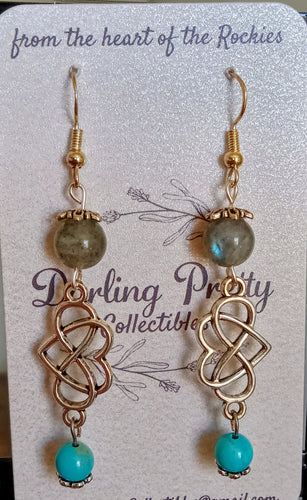 Artisan Earrings ~ Eternity-Hearts / Labradorite & Turquoise / Sterling Silver Ear Hooks