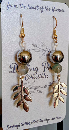 Artisan Earrings ~ Shiny Leaves Charms / Hematite & Grey Quartz / Sterling Silver Ear Hooks