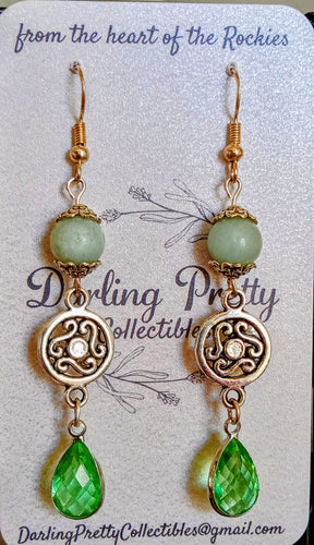 Artisan Earrings ~ Celtic Shields / Green Crystals / Indian Agates / Sterling Silver Ear Hooks