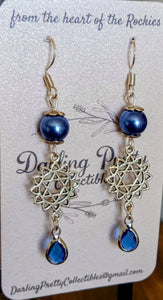 Artisan Earrings ~  Heart Chakra Charms / Sapphire Blue European Crystal Briolette Pendants & Pearlesque Beads / Sterling Silver French Ear Hooks