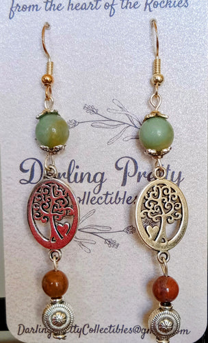 Artisan Earrings ~ Tree Of Life Charms / Indian Agate Beads / Sterling Silver French Ear Hooks