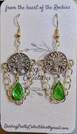 Artisan Earrings ~ Tree Of Life Charms / Green European Crystal / Sterling Silver French Ear Hooks