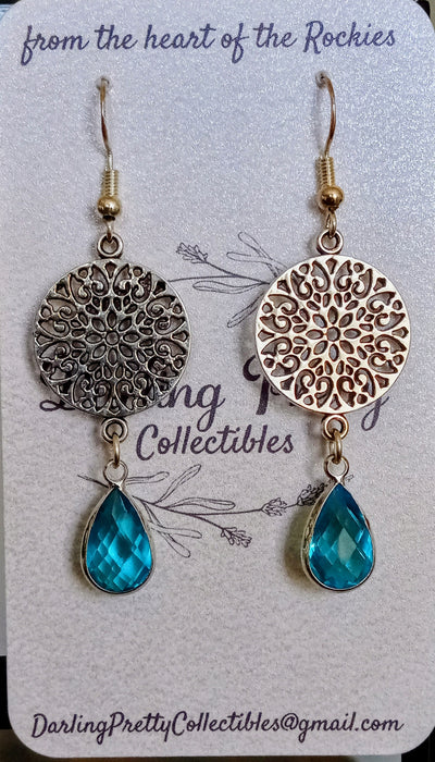 Artisan Earrings ~ Turquoise Blue European Crystal Briolette Pendants / Filigree Disks / Sterling Silver French Ear Hooks