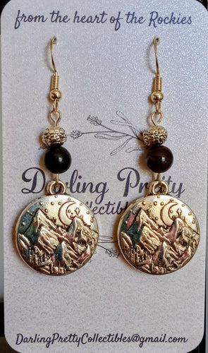 Artisan Earrings ~ Moon On Mountain Charms / Black Golden Obsidian Beads / Sterling Silver French Ear Hooks