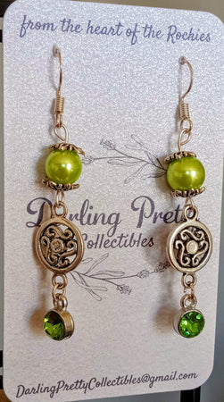 Artisan Earrings ~ Celtic Shield Charms / Peridot Green European Crystal Charms & Pearlesque Beads / Sterling Silver French Ear Hooks
