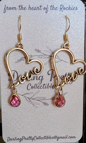 Artisan Earrings ~ Love-Heart Charms / Deep Pink European Crystal Briolette Pendants / Sterling Silver French Ear Hooks