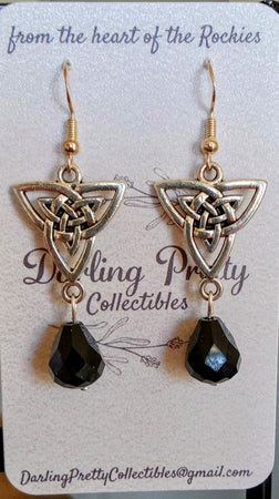 Artisan Earrings ~ Trinity Celtic Knot Charms / Jet Black European Crystal Teardrops / Sterling Silver French Ear Hooks