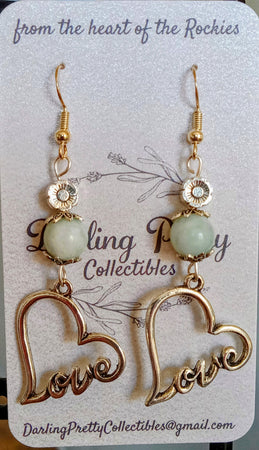 Artisan Earrings ~ Love-Heart Charms / Indian Agate Beads / Sterling Silver French Ear Hooks