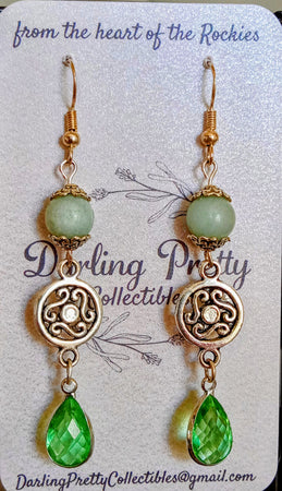 Artisan Earrings ~ Celtic Shield Charms / Peridot Green European Crystal Briolette Pendants / Indian Agate / Sterling Silver French Ear Hooks